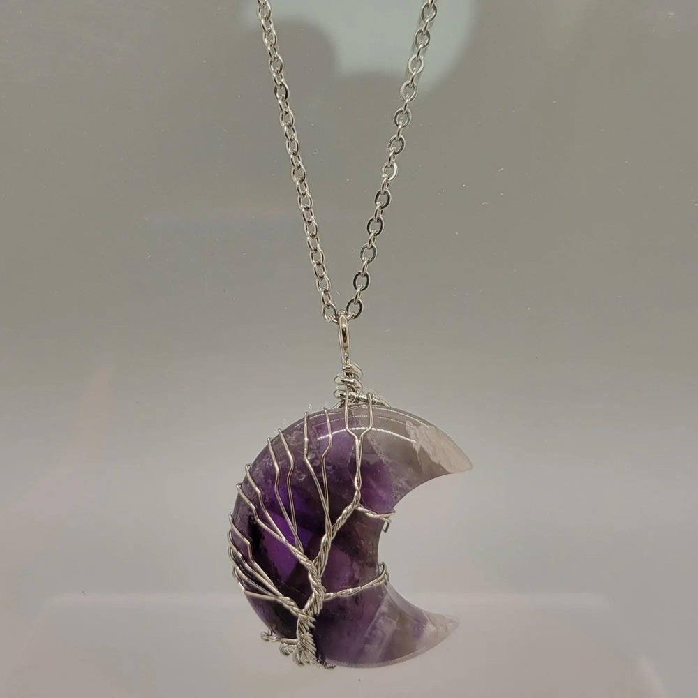Moon Pendant Amethyst Necklace, February Birthstone, Wire Wrapped Crystal